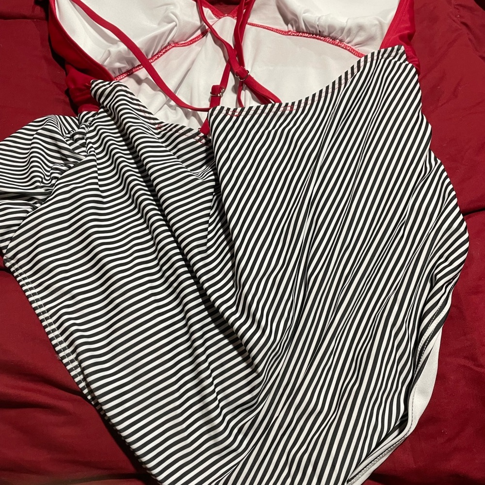 Plus size one piece swimsuit split designs red top black &white stripe bottom